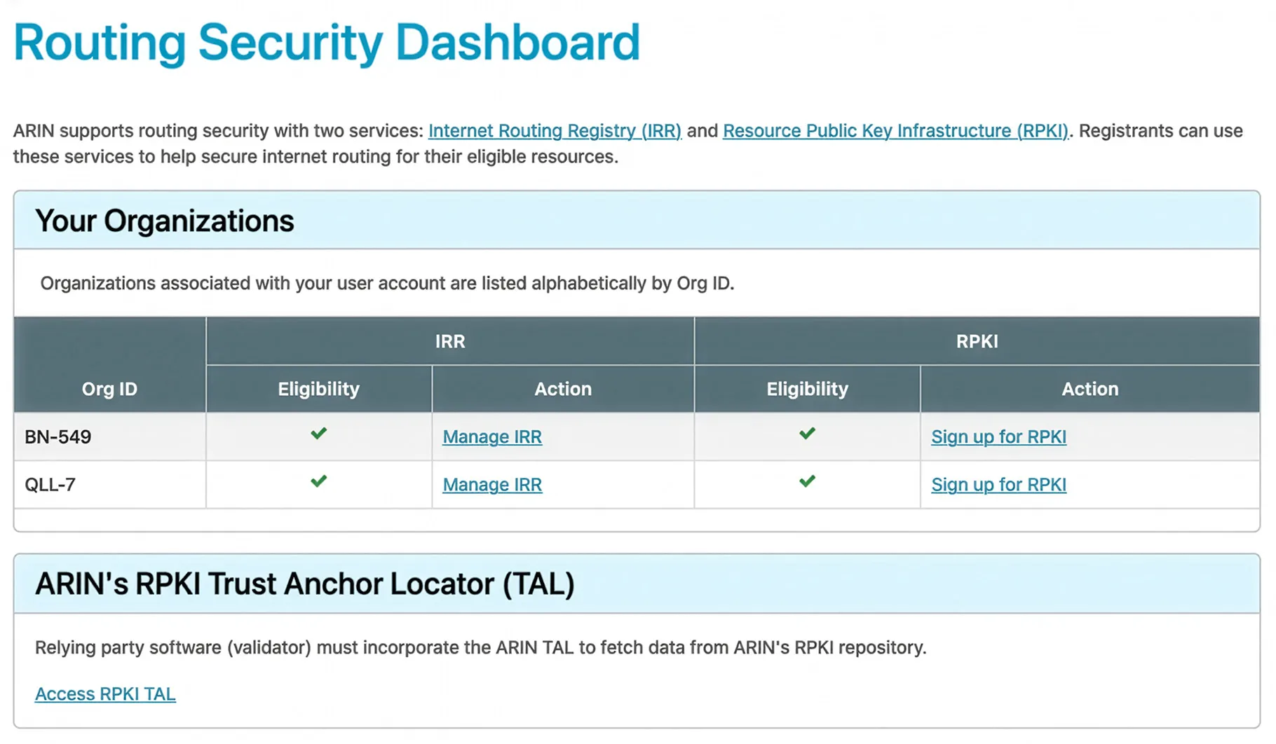 A screenshot of Routing Security Dashboard. A table showing eligibility of Internet Routing Registry (IRR) and Resource Public Key Infrastructure (RPKI).