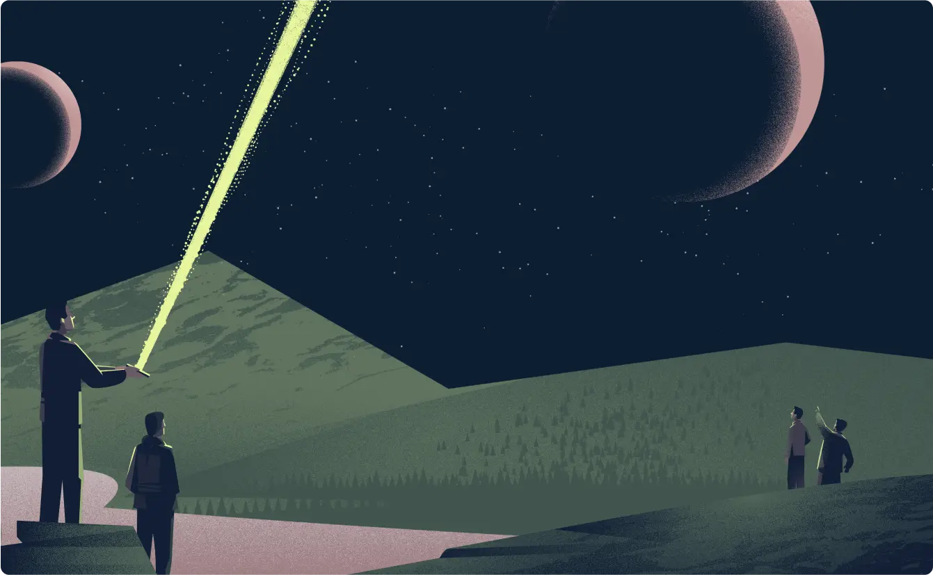 Team of four with light beam, moon in the background 